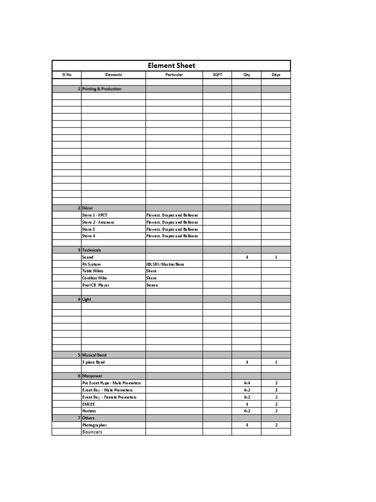 Element Sheet: SL No Elements Particular SQFT Qty Days | PDF