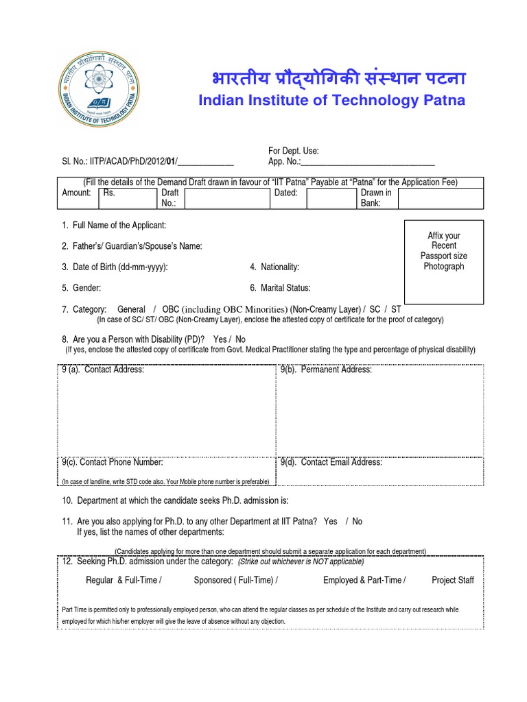 PhD Admission Application Form IIT Patna | PDF | Business