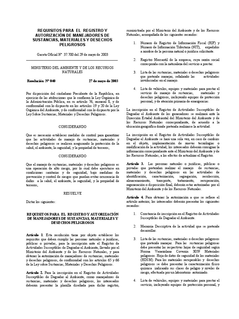 Resolucion 040 Manejadores Mat-Pel | PDF | Mercancías peligrosas | Residuos