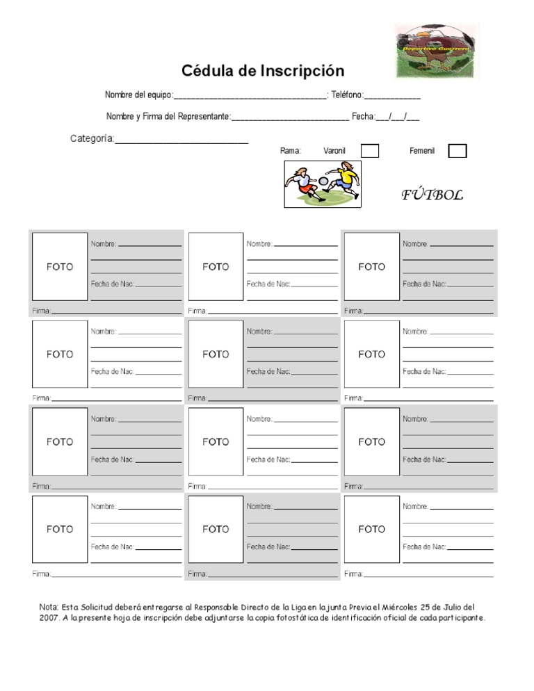 Cedula De Inscripcion Pdf Asociacion De Futbol Deportes