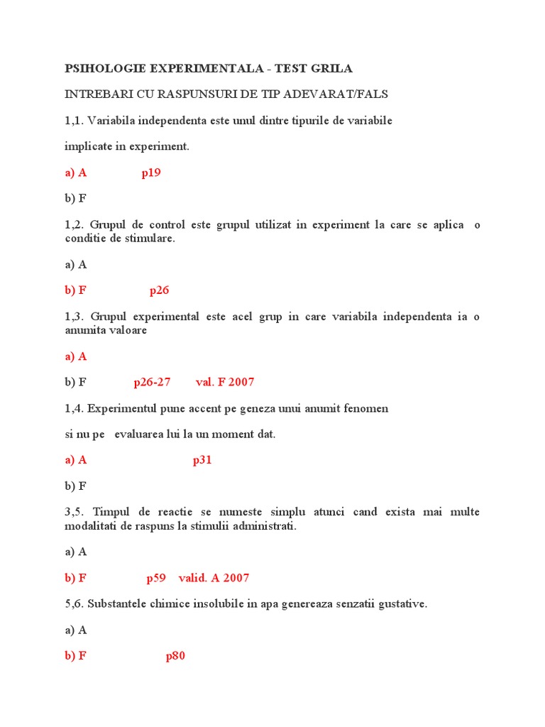 Psihologie Experimentala Test Grila