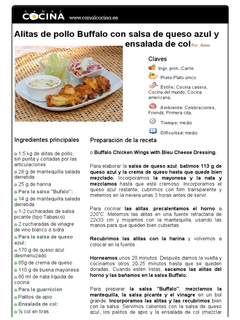 ANNIE Alitas de Pollo Buffalo Con Salsa de Queso Azul y Ensalada de Col |  PDF