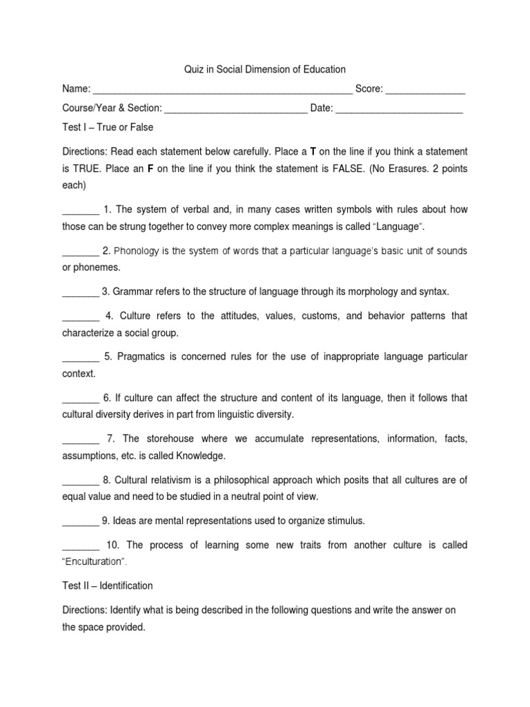 Quiz in Social Dimension of Education | PDF | Norm (Social) | Linguistics