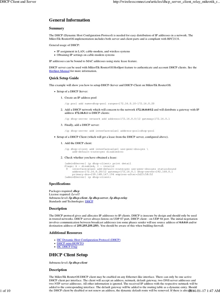 MikroTik DHCP Client Setup Guide | PDF | Ip Address | Networks