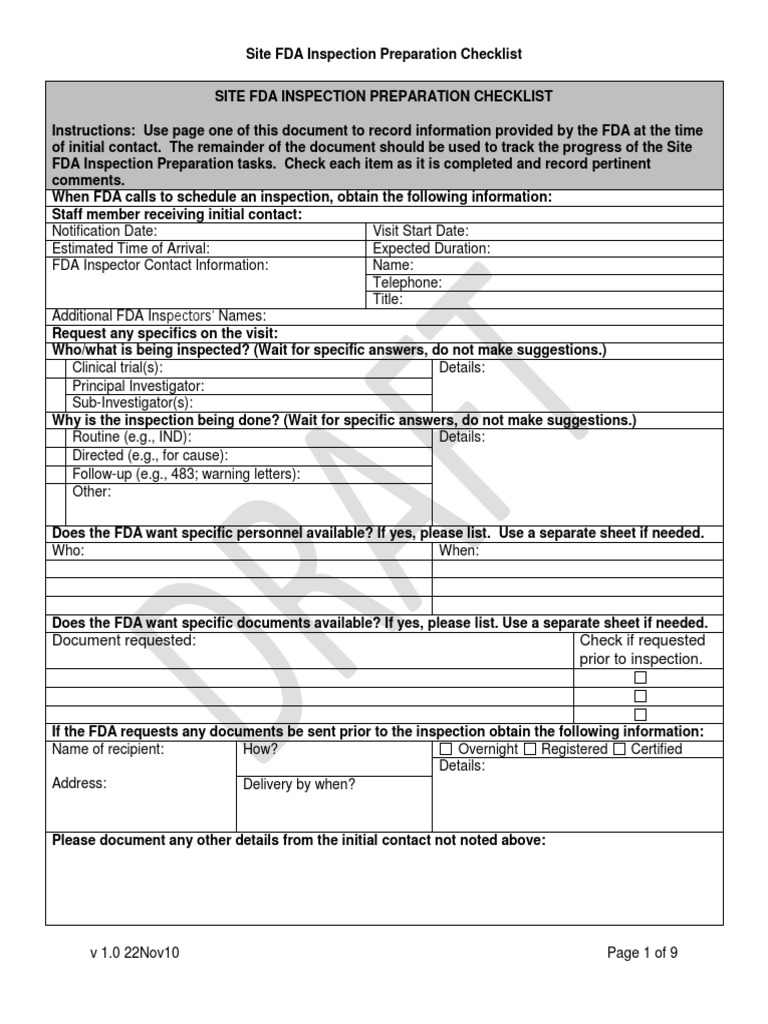 FDA Inspection Preparation Checklist | PDF | Technology & Engineering