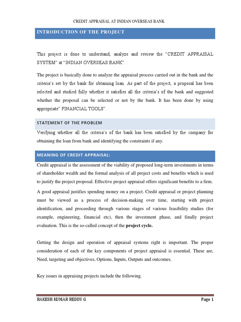 Credit Appraisal Summer Internship Loans Credit Finance