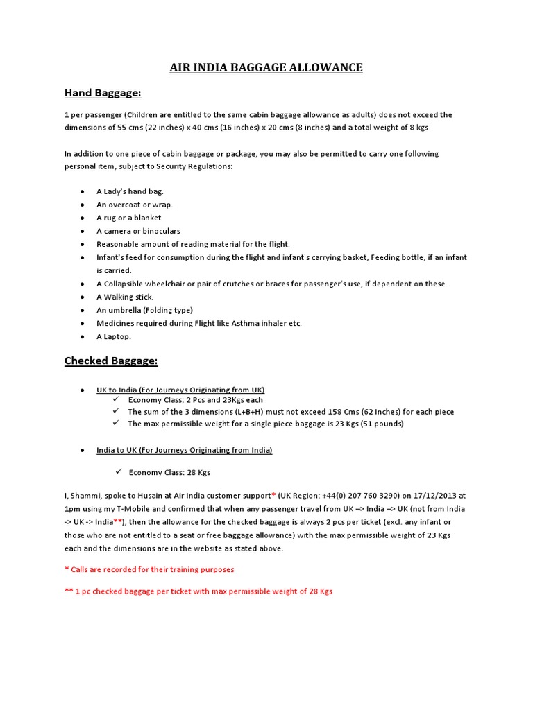 Air India Baggage Allowance