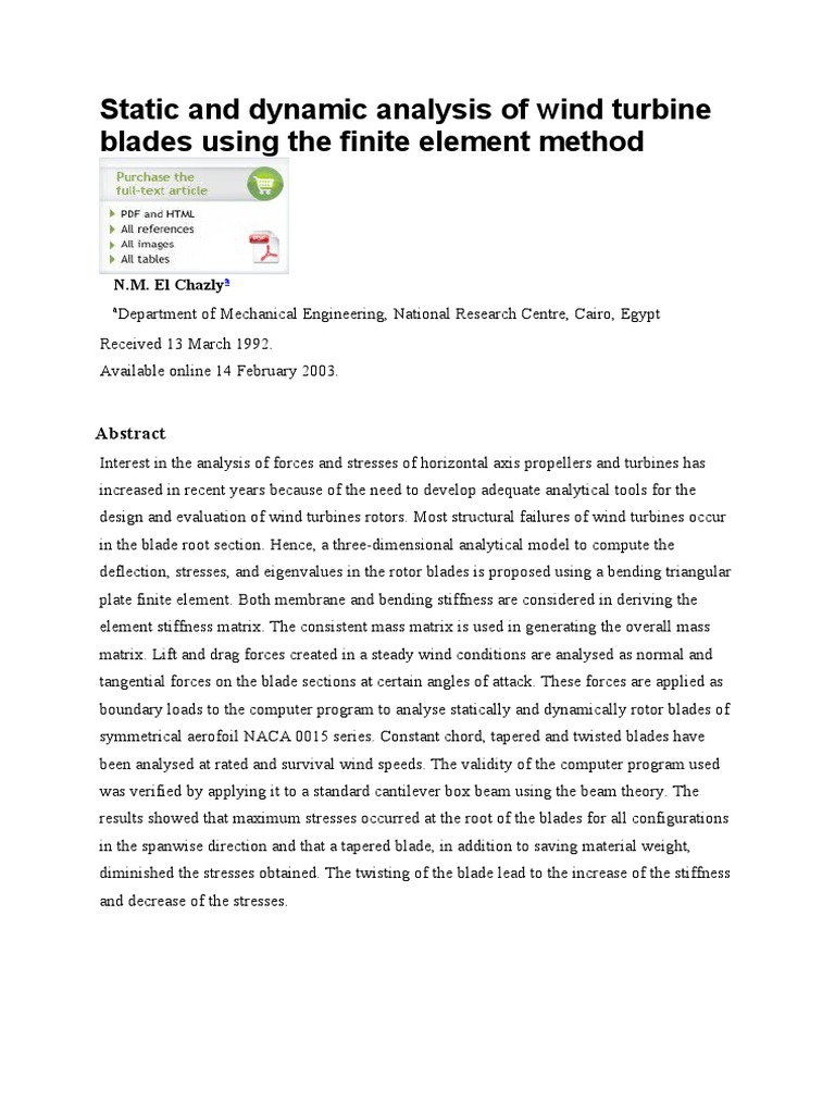 Static and Dynamic Analysis of Wind Turbine Blades Using The Finite ...