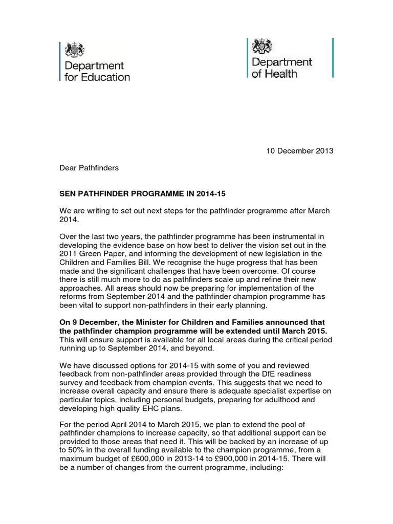 DfE&DH - Pathfinder 2014-2015 Letter - ISSUED 11.12.13 | PDF | Expert ...