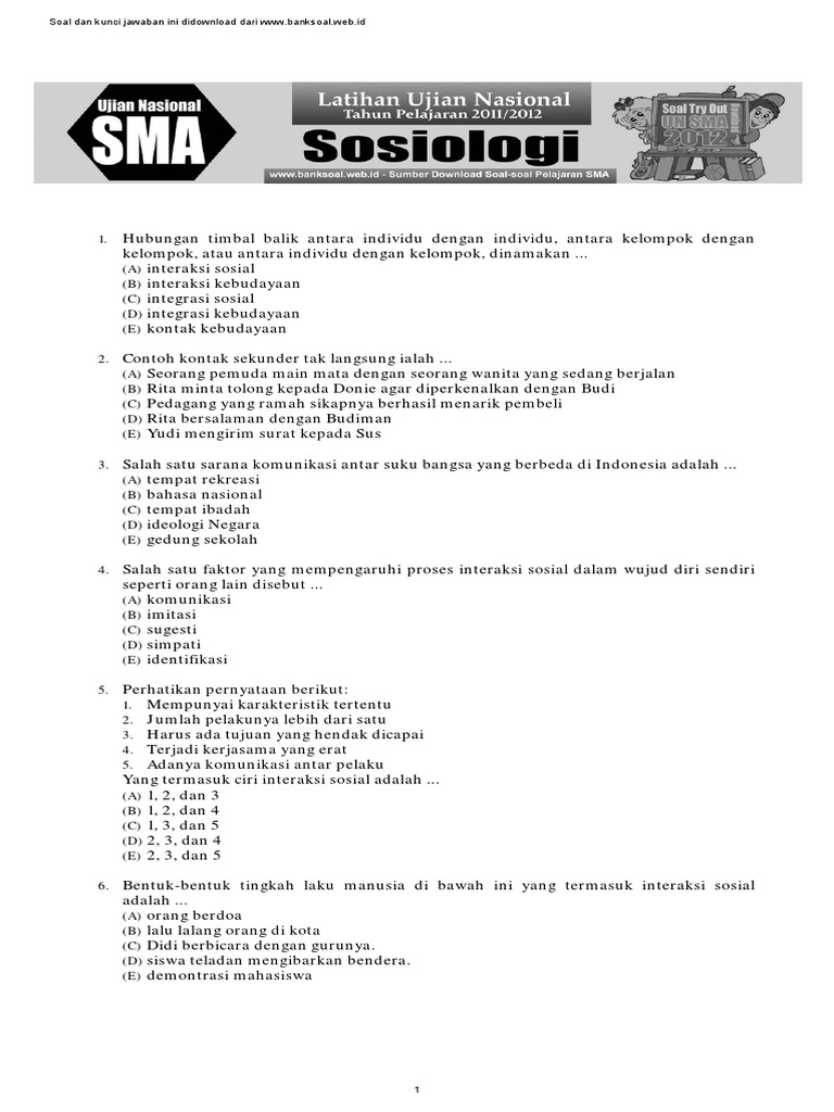 Kumpulan Contoh Soal Interaksi Sosial Dan Kunci Jawaban
