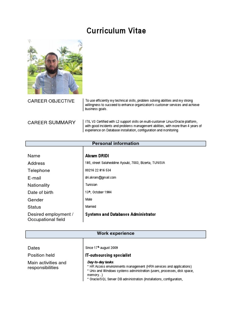 Curriculum Vitae Oracle Database Itil