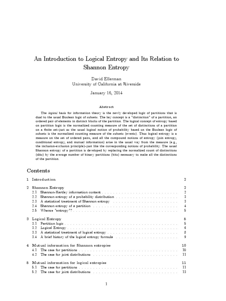 Logical Entropy vs. Shannon Entropy | PDF | Probability Theory | Bit