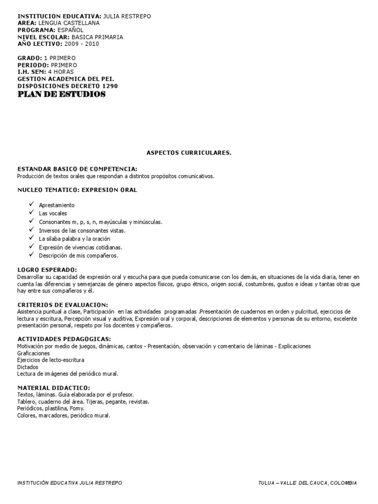 Plan de Estudios Español Primer Grado | PDF | Lengua española | Lectura ...