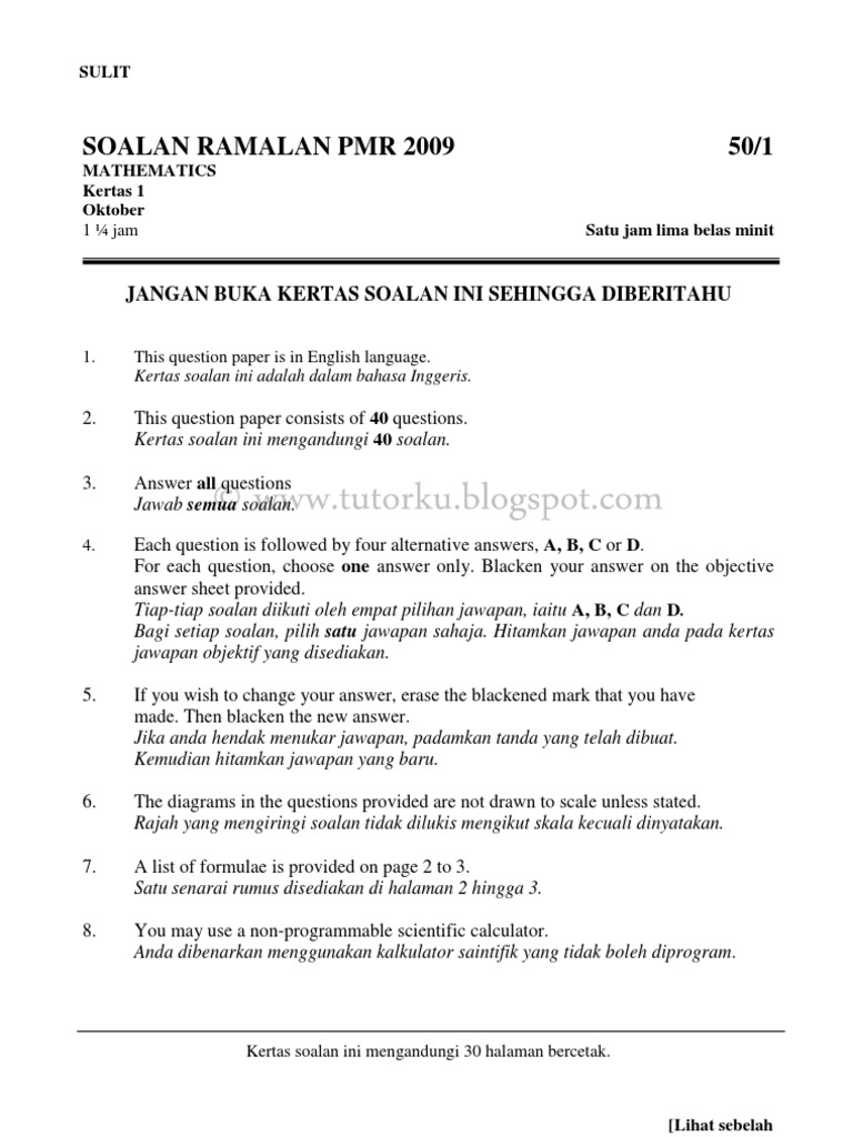 Soalan Ramalan Mathematics PMR 2009 Paper 1  PDF  Area  Circle
