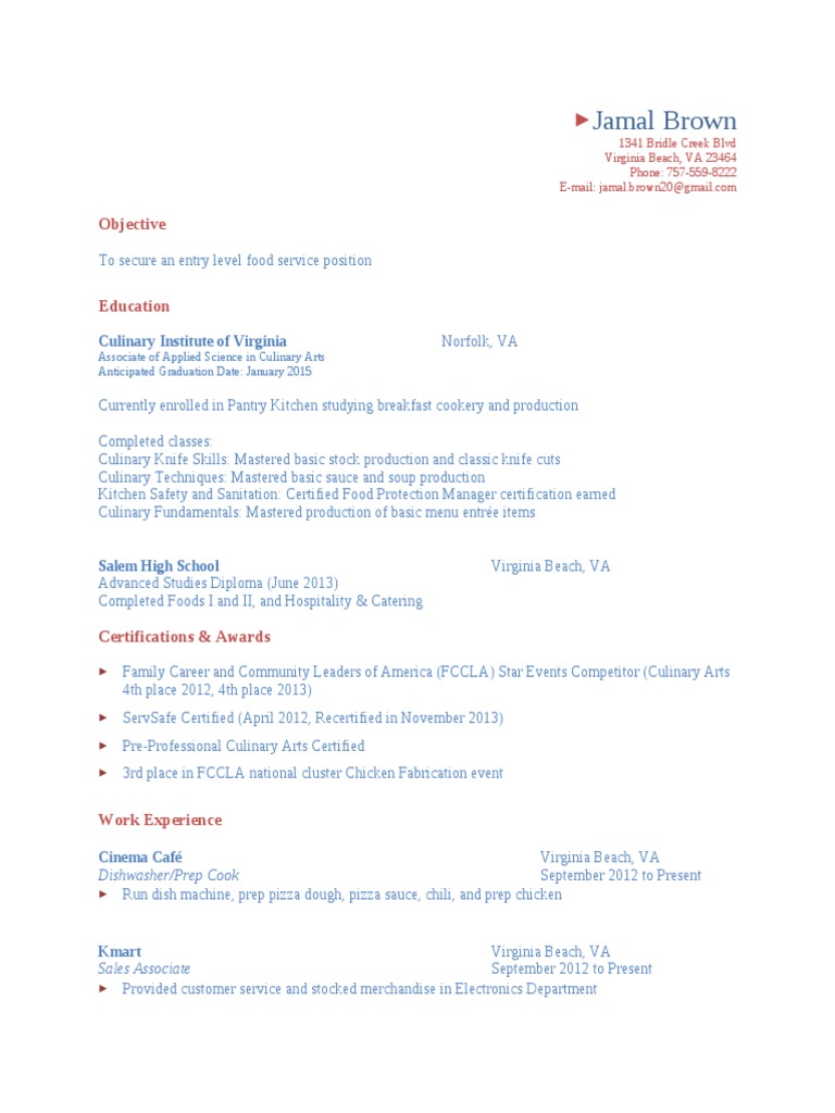 Entry-Level Culinary Resume for Jamal Brown | PDF | Business | Science ...