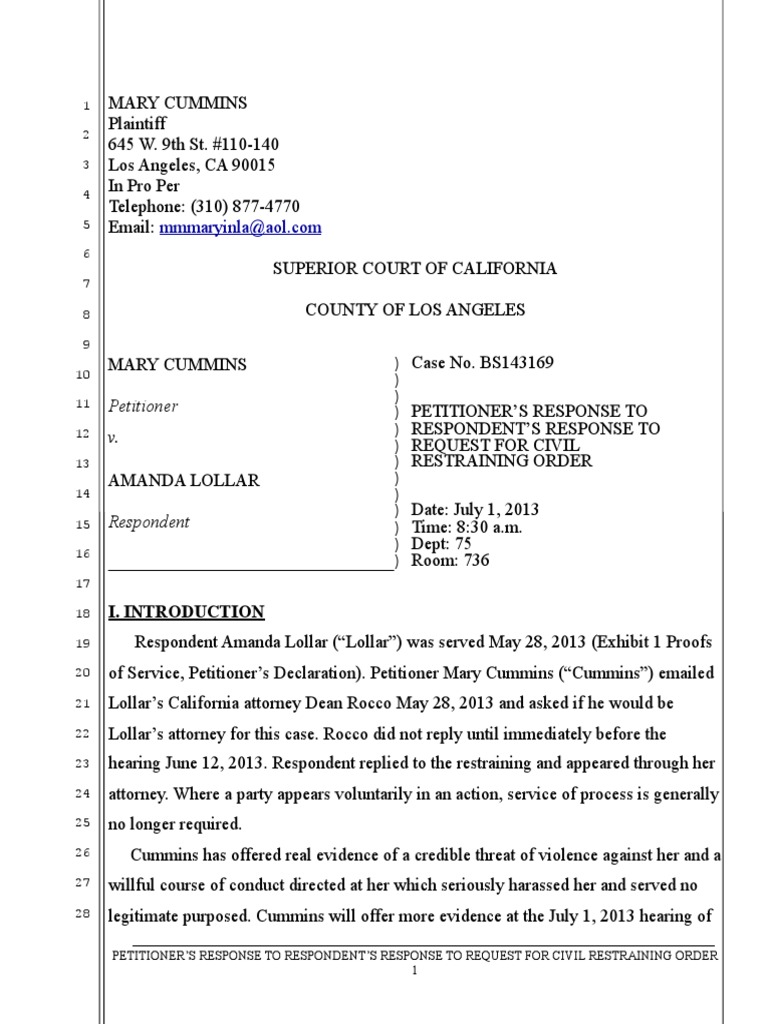 Response to Civil Restraining Order Case | PDF | Restraining Order ...