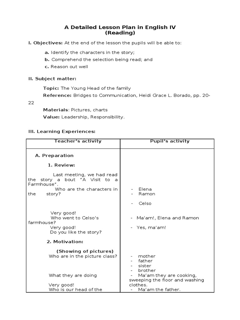 A Detailed Lesson Plan in English IV (Reading) | PDF | Lesson Plan ...