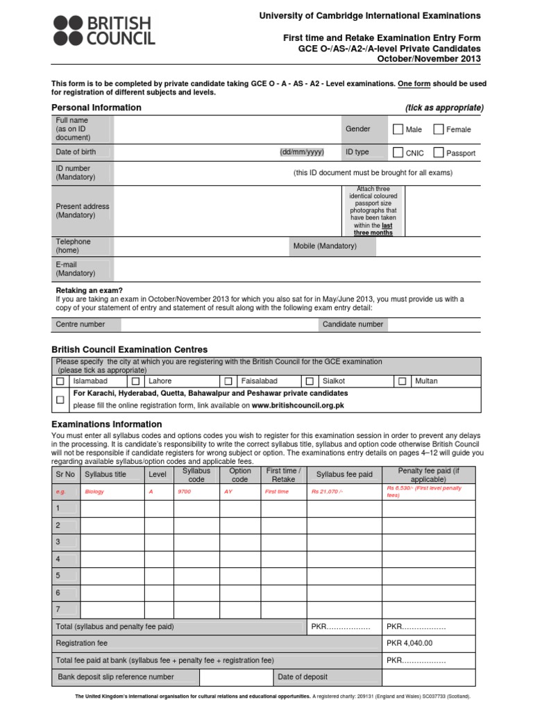 GCE Exam Entry Form for Private Candidates | PDF | Identity Document ...