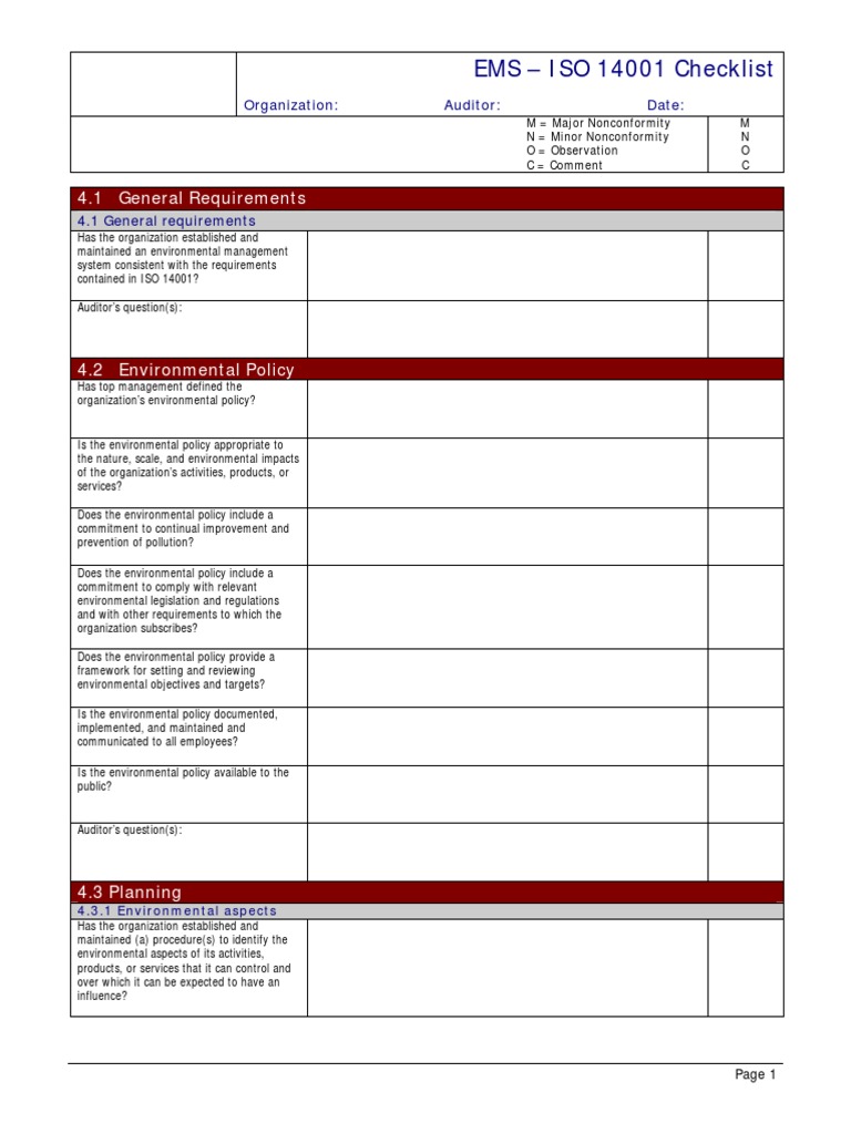 Internal Audit Checklist Iso 14001 Environmental Policy Environmental Resource Management