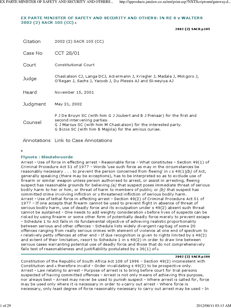 Ex Parte Minister Of Safety And Security And Others In Re S V Walters 02 2 Sacr 105 Cc Arrest Precedent