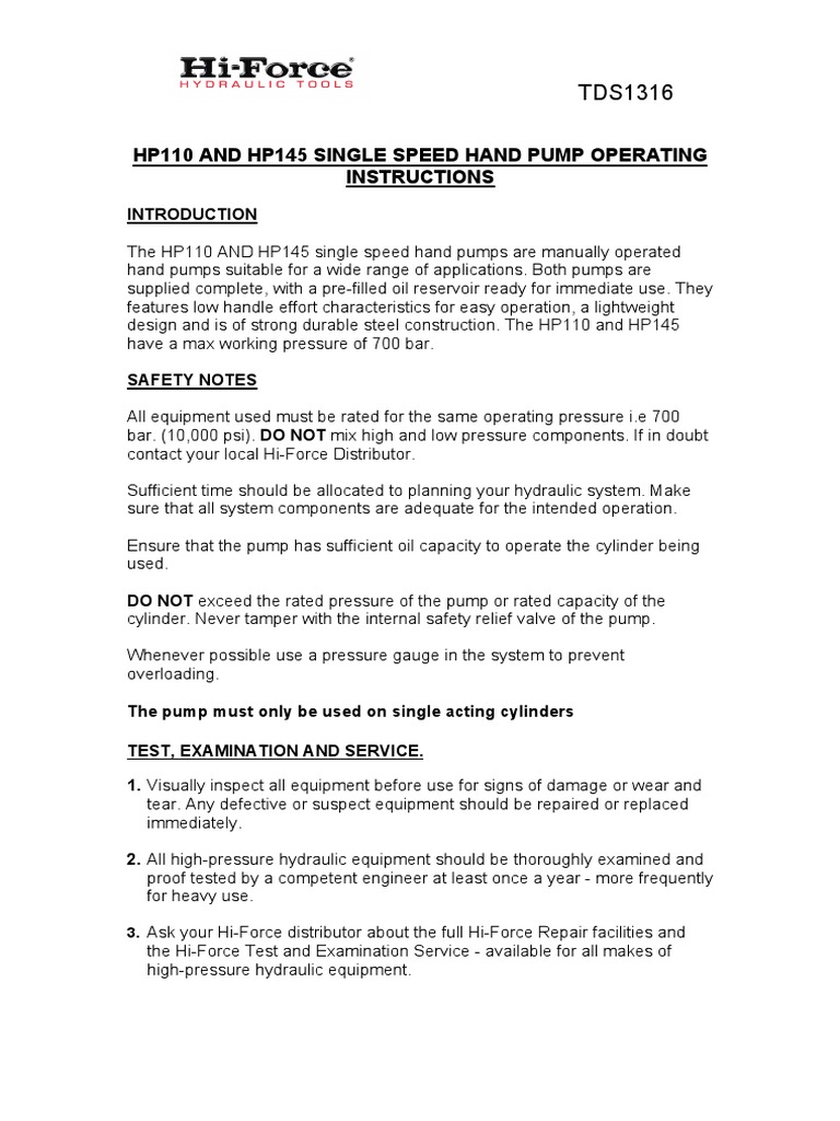 Operating Instructions for the HP110 and HP145 Single Speed Hand Pumps