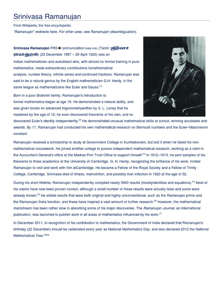 Srinivasa Ramanujan Biography