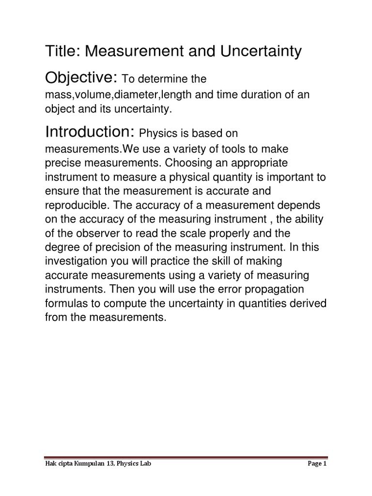Lab Report Physics Measurement And Uncertainty Pdf Uncertainty Measurement