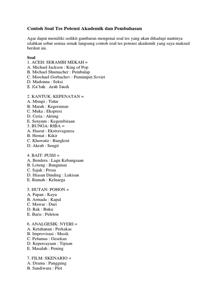 Contoh Soal Tes Potensi Akademik Dan Pembahasan Ddocx