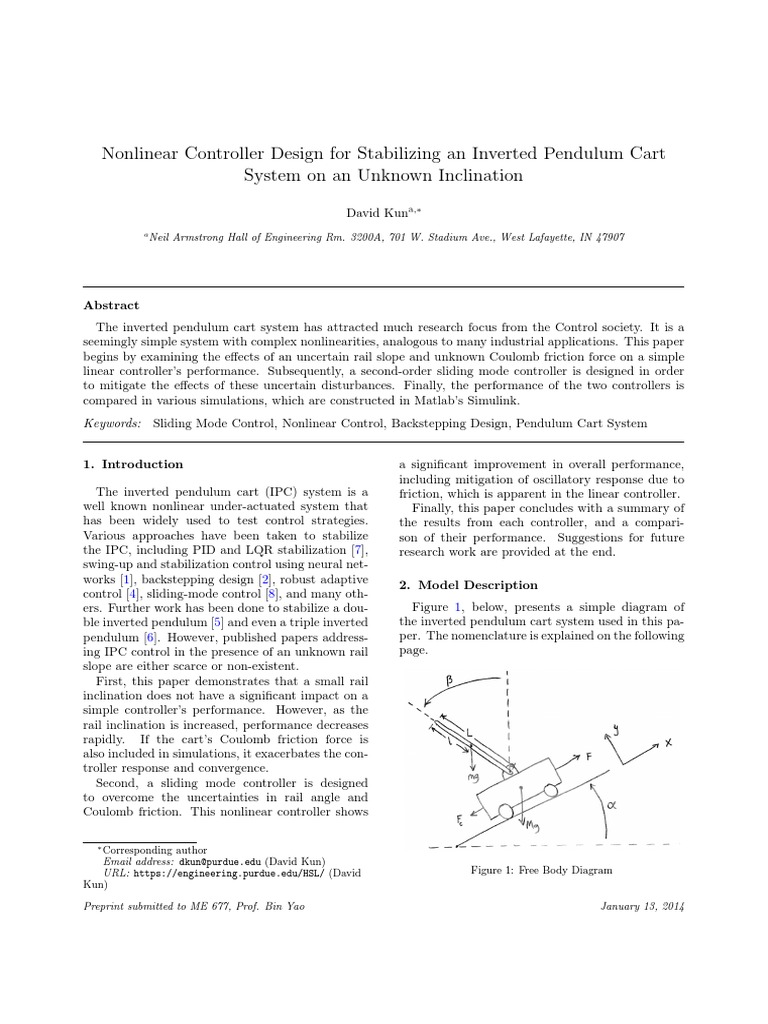Nonlinear Controller Design For Inverted Pendulum Cart System On ...