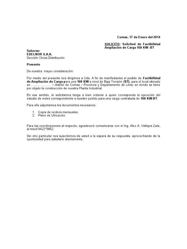 Carta Solicitud de Aumento de Carga-EDELNOR