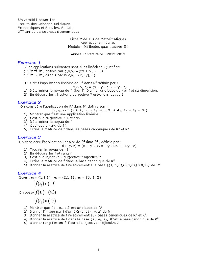 Application Lineaire Exercices | PDF | Application linéaire | Concepts ...