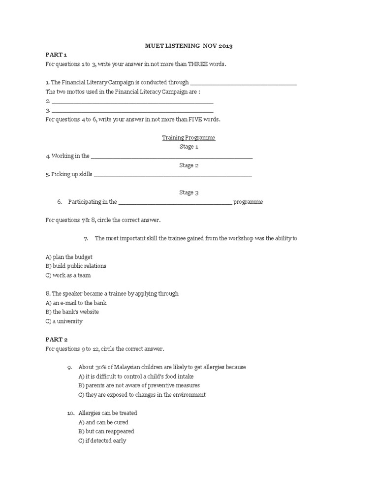 MUET Listening Test November 2013 | PDF | Allergy | Foods