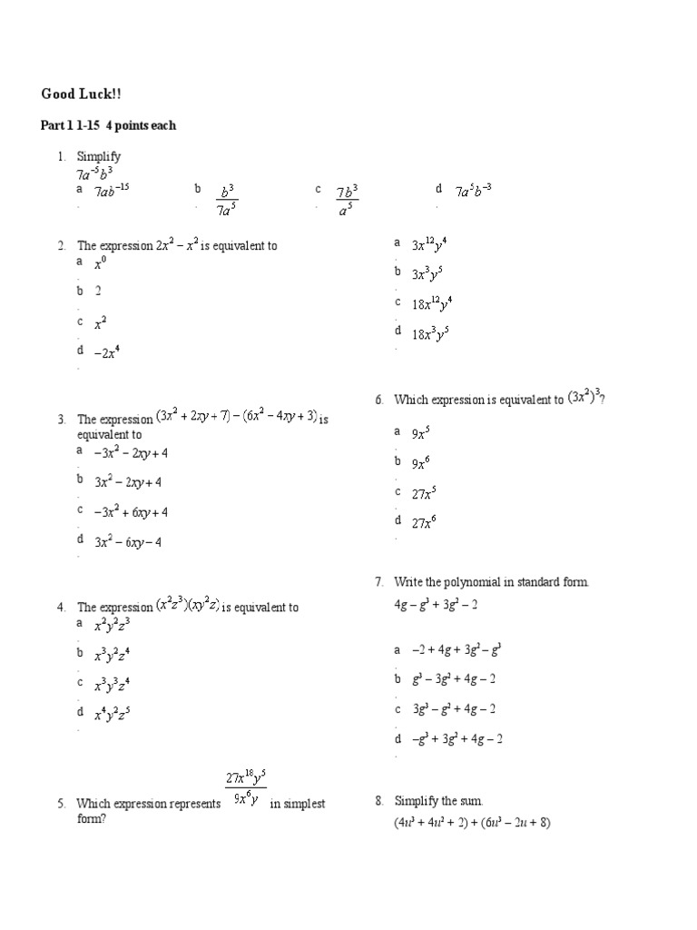Test 2 Algebra | Exponentiation | Equations