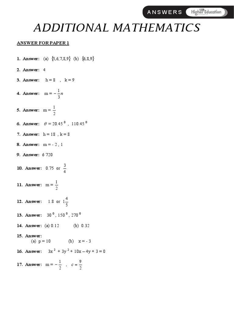 Additional Mathematics: Answers | PDF | Teaching Methods & Materials ...