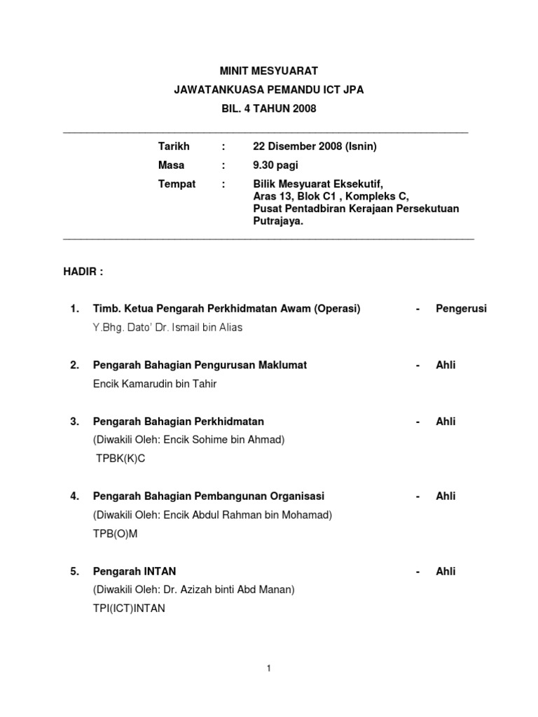 Contoh Format Minit Mesyuarat Terkini Contoh Format Minit Mesyuarat Terkini