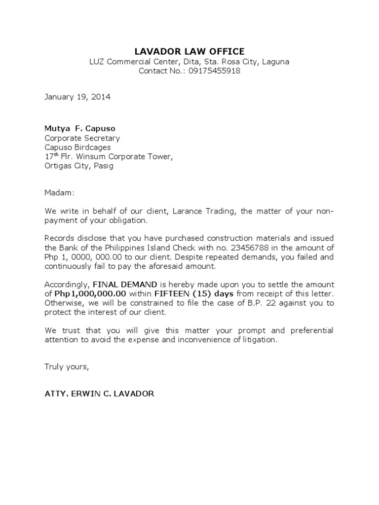 Demand Letter BP 22 PDF