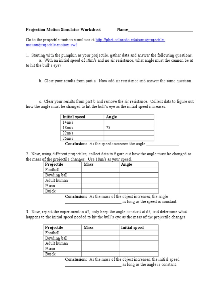 worksheet Projectile Motion Worksheet With Answers projectile motion simulator worksheet speed drag physics
