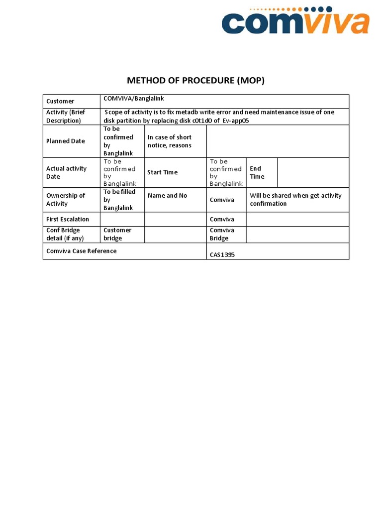 Method of Procedure (Mop) To Be Confirmed by Banglalink To Be