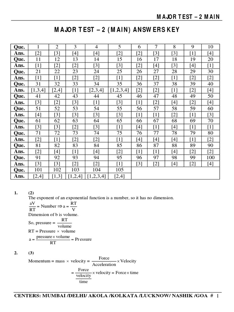 Major Test 2 Answers Key for Physics | PDF | Collision | Silver