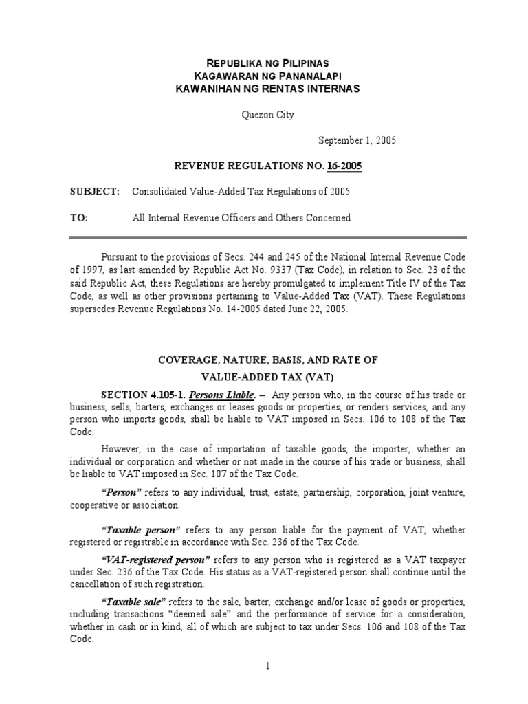 Revenue regulation no 16 2005 pdf value added tax lease