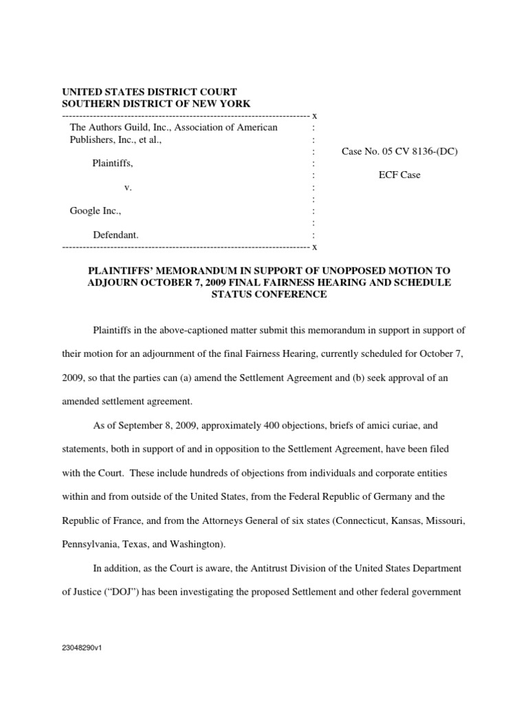 20090922 Memo in Support of Motion For Adjournment of Fairness Hearing Download Free PDF
