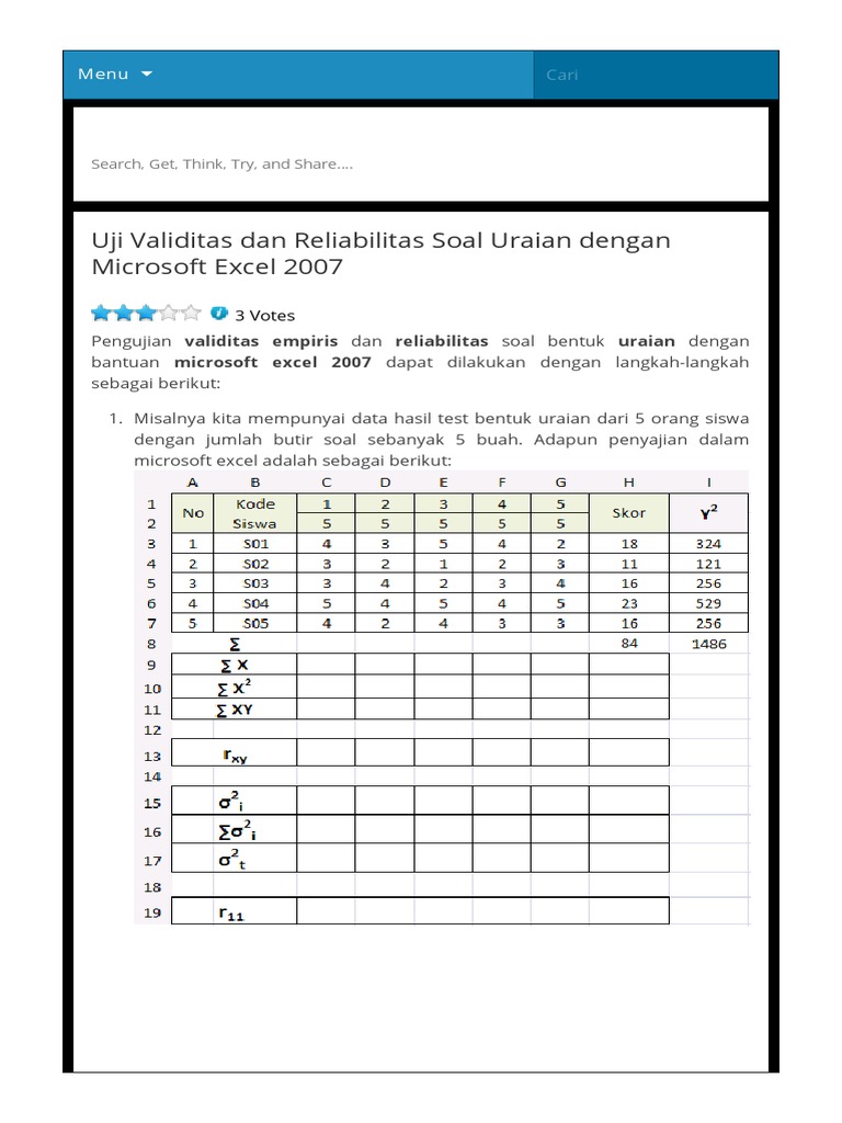 Uji Validitas Dan Reliabilitas Soal Uraian Dengan Microsoft Excel 2007 Hearts And Minds