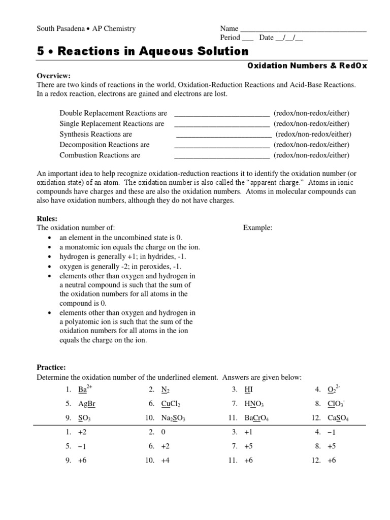 Ap Chemistry Oxidation Numbers Practice Pdf Redox Ion