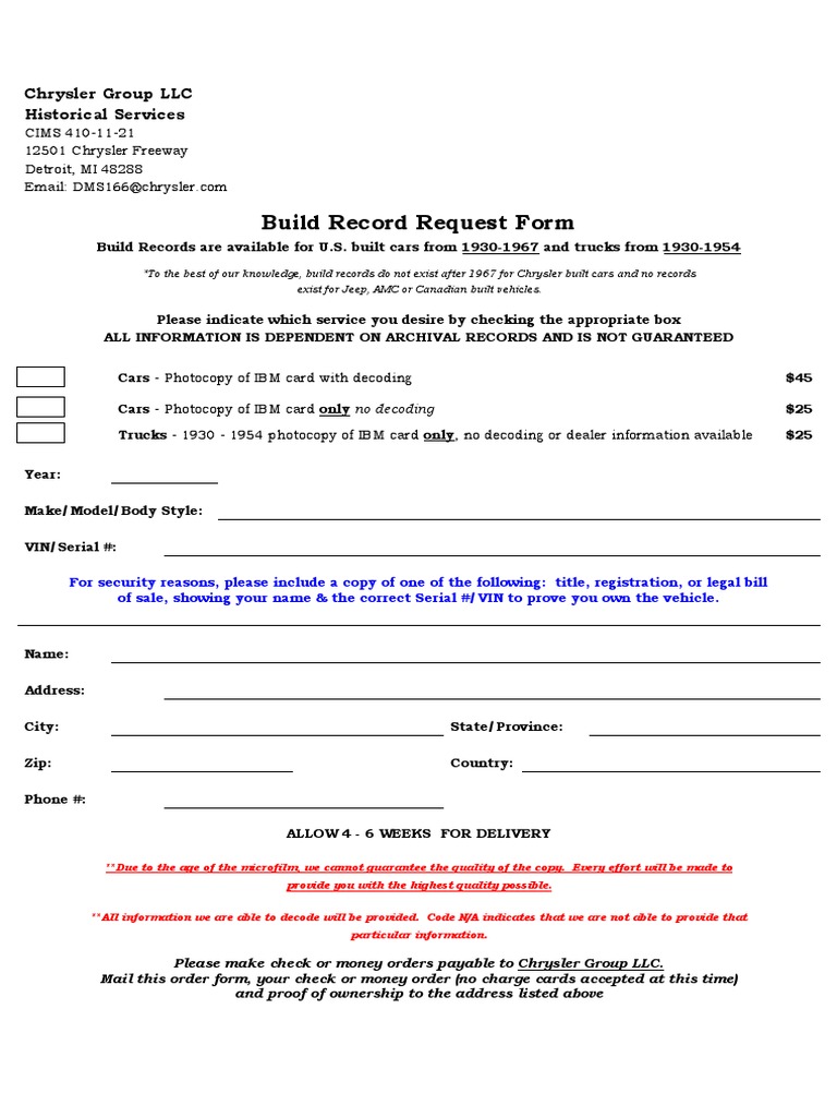 Chrysler Build Record Request Form | PDF