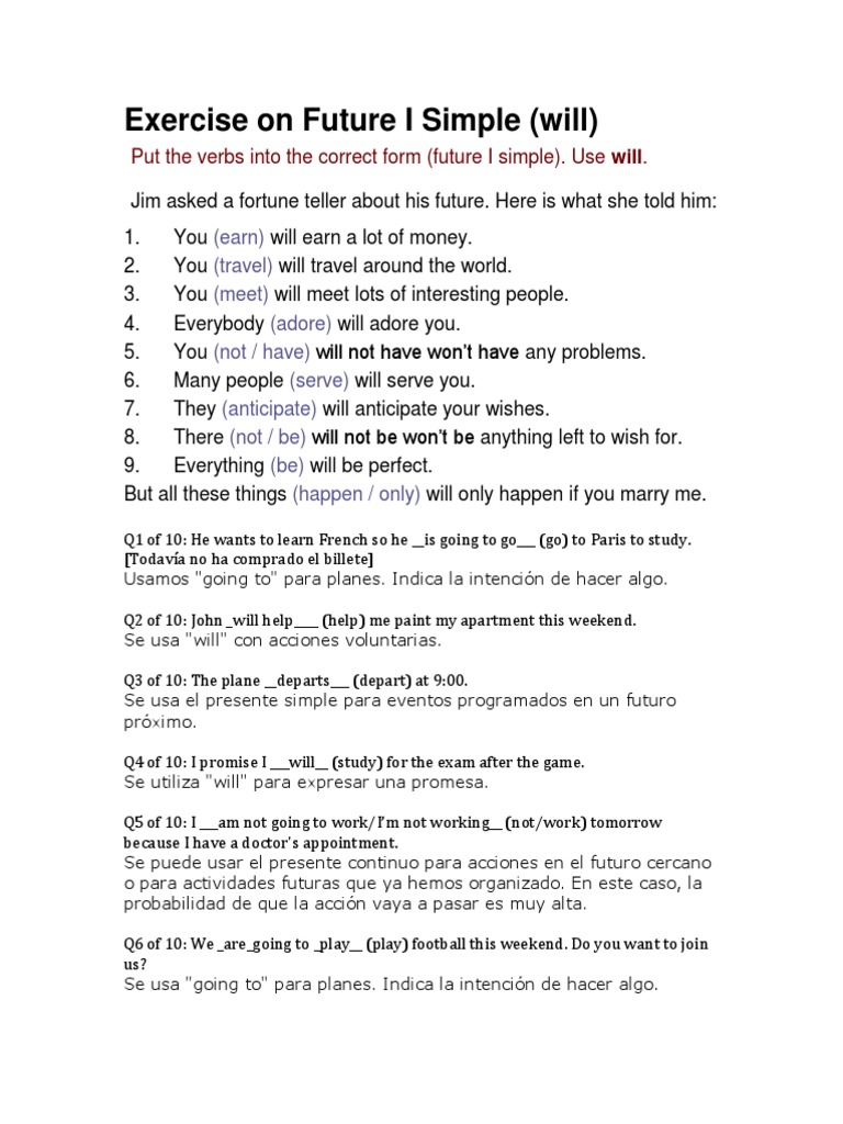 Future Simple Exercises: Will & Intentions | PDF