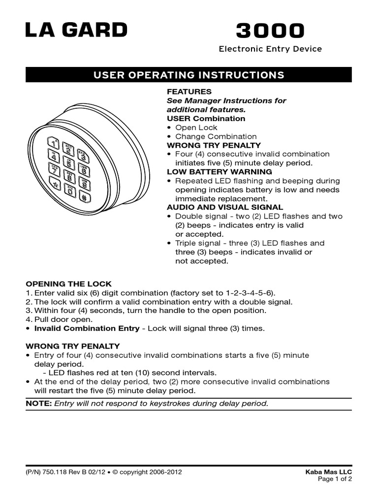 La Gard 3000 Electronic Entry Device User Operating Instructions PDF