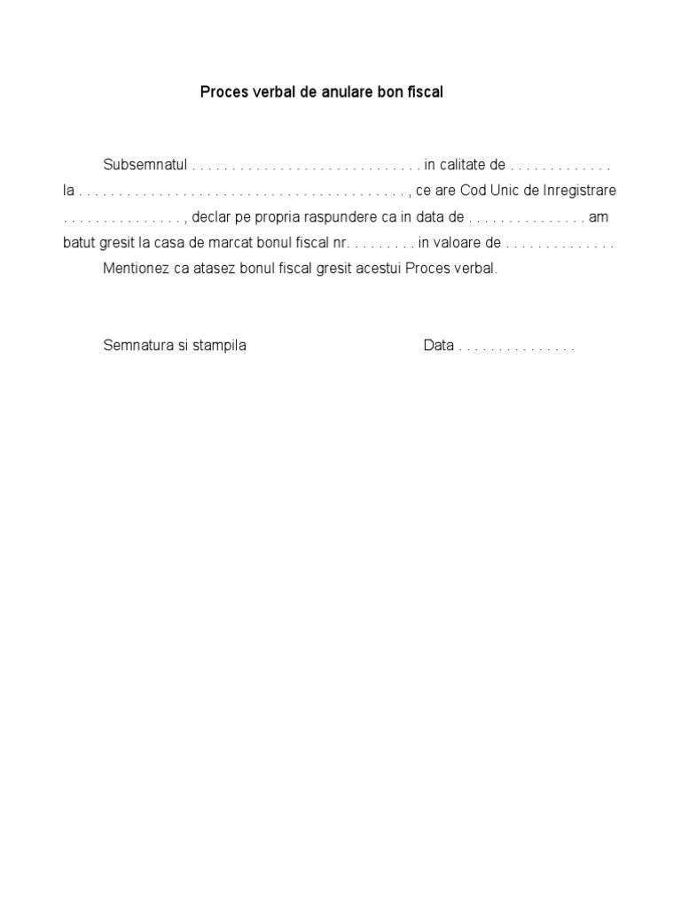 Proces Verbal de Anulare Bon Fiscal Gresit | PDF
