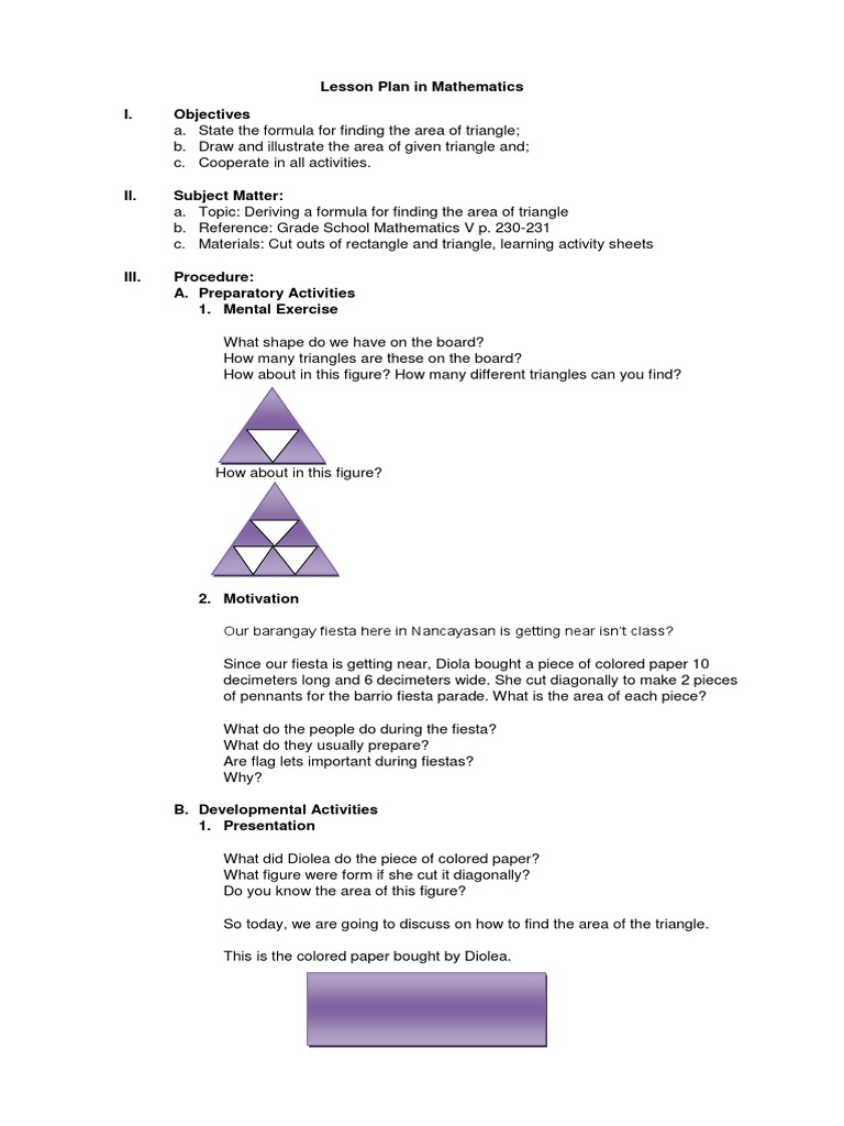 Lesson Plan in Mathematics I. Objectives | PDF | Teaching Methods ...