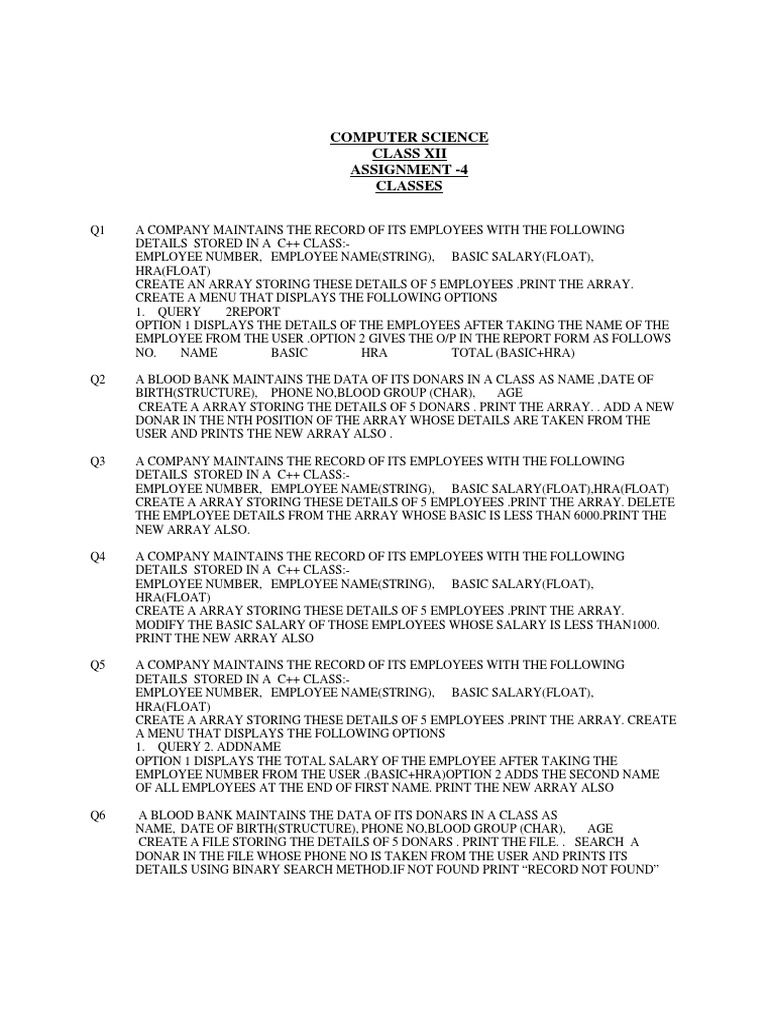Computer Science Class Xii Assignment - 4 Classes | PDF | Computers