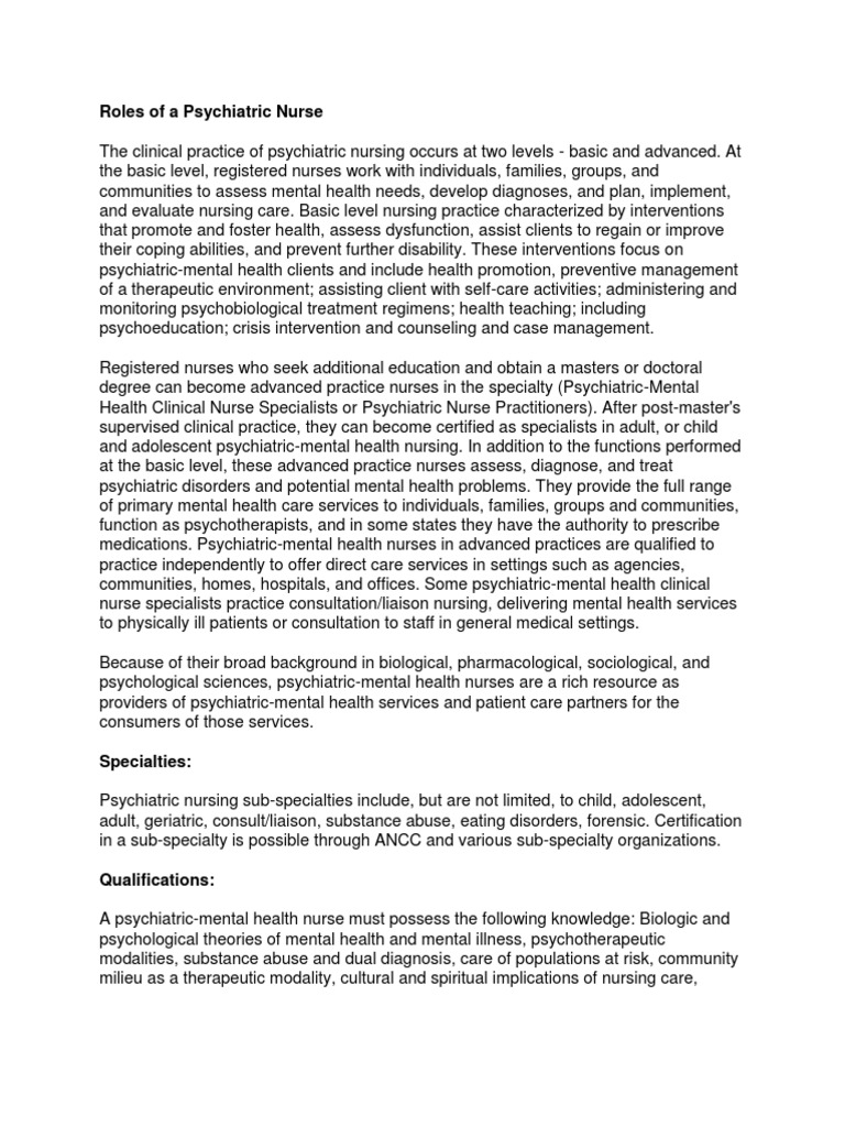 Roles of a Psychiatric Nurse Psychiatric And Mental Health Nursing Nursing